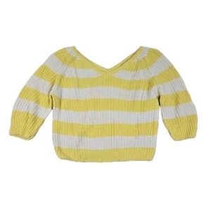 Vtg 90s Butter Yellow White Stripe Linen Blend Knit Cropped Sweater 3/4 Sleeve